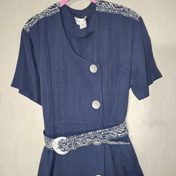 Vintage Petite Sophisticate Women's Career Dress Size Medium Navy Blue Belted - Picture 3 of 15